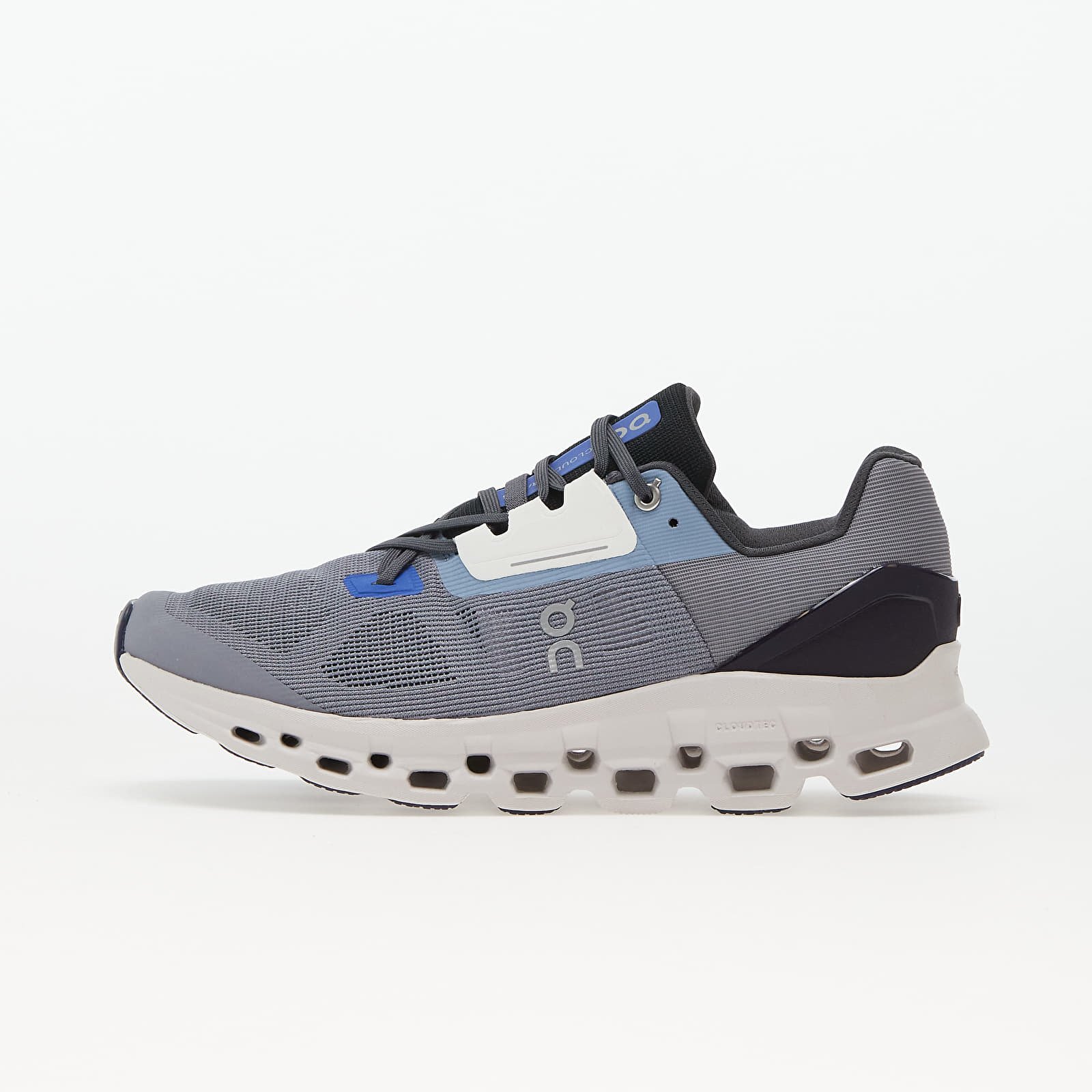 On Cloudstratus running shoe in a grey black and light blue colorway